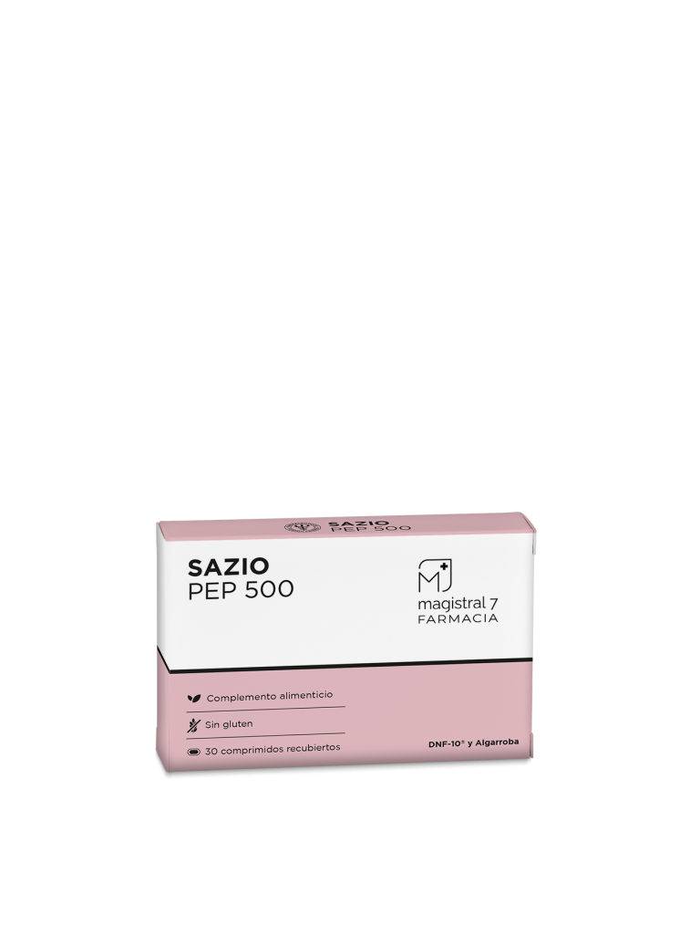 Saziopep 500 30 comprimidos. Complemento alimenticio a base de una mezcla de activos de acción saciante y calmante que no provocan sensación de hinchazón de estómago