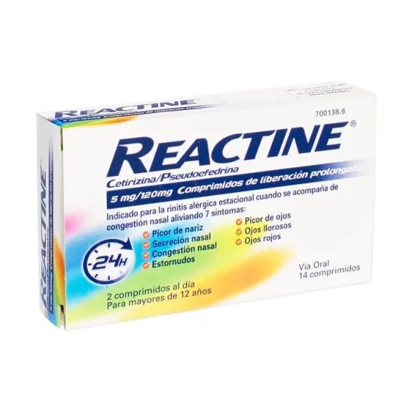 Reactine Cetirizina/Pseudoefedrina 5 mg/120 mg, 14 Comprimidos